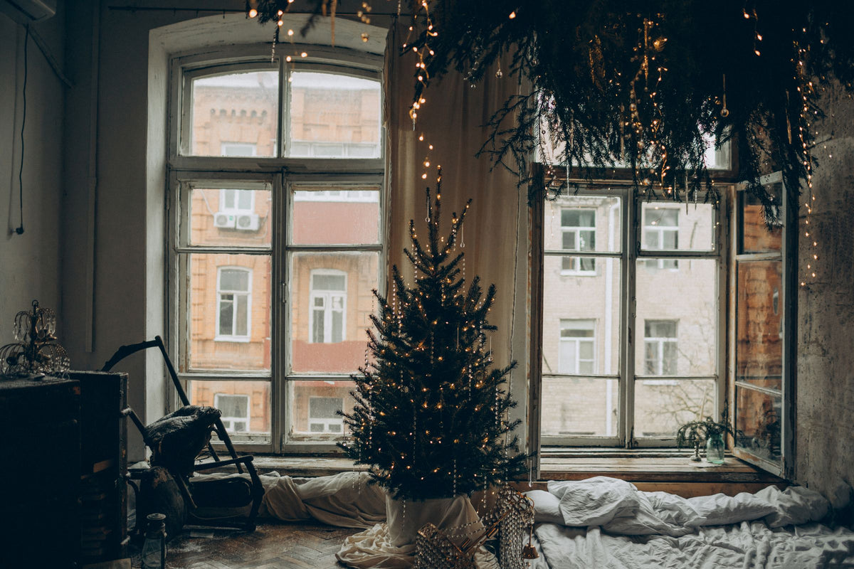 Ett högt fönster i skymningen med en liten julgran som lyser