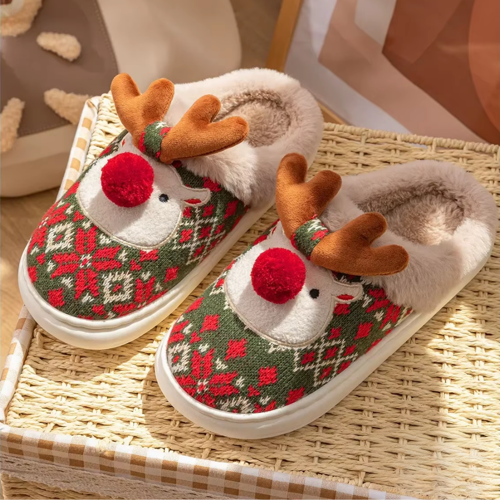 Söta jultofflor i bomull med halkfri sula